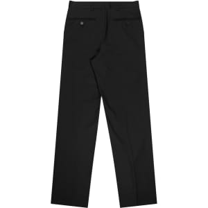 Black pleated men's pants with a straight leg design and two rear pockets. The image features a logo.