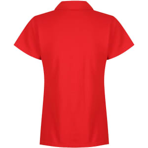 A red polo shirt with a collar and short sleeves, featuring a logo on the back.