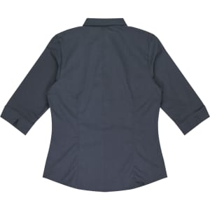 A dark grey button-up shirt with 3/4 sleeves and a fitted design, featuring a collar and a logo.