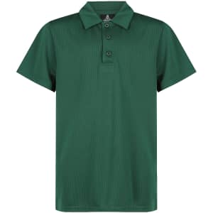 A green polo shirt with a collar and three buttons, featuring a logo on the chest. Ideal for sports uniforms.