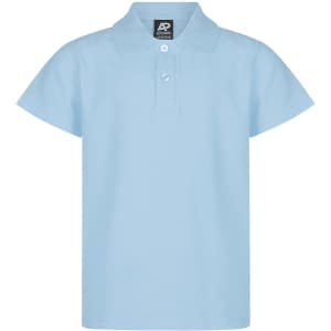 A light blue polo shirt with a collar and three-button placket, featuring a logo on the tag.