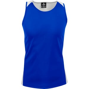 A blue men's singlet featuring a contrasting white panel and a small logo on the label.