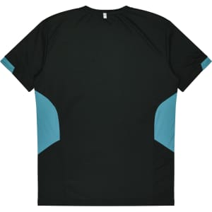 A dark green T-shirt with aqua blue side panels and a plain back, featuring a logo.