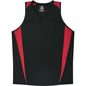 A black singlet with red panels, featuring a v-neck design and a logo on the label.