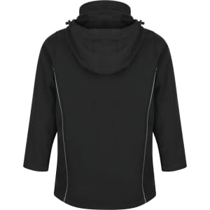 A black jacket with a hood, featuring zip details and a simple design. It has a logo on the garment.