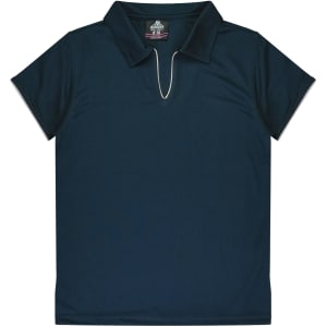 A dark navy polo shirt featuring a collar and a logo on the neckline.