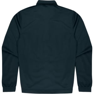 A dark green jacket with long sleeves and a collar featuring elastic cuffs and a simple design on the back.