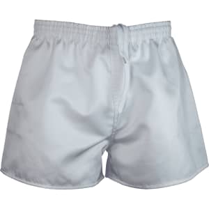 White rugby men's shorts featuring an elastic waistband and a drawstring, with a logo on the front.