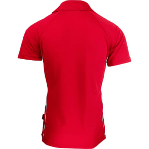 A red men's polo shirt featuring a sleek design and a logo on the side.