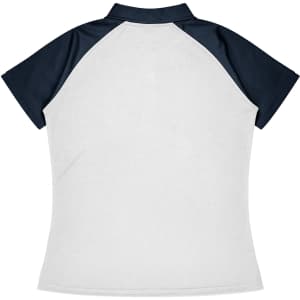 A polo shirt featuring a white body with navy blue sleeves and a collar, complete with a brand logo.