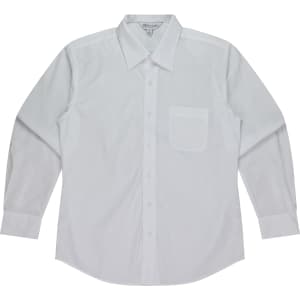A long sleeve white button-up shirt with a single chest pocket and a logo on the collar.