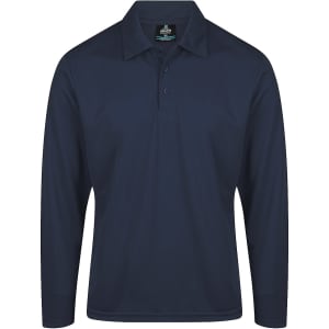 A men's long-sleeve polo shirt in navy blue with a collar and three buttons, featuring a logo.