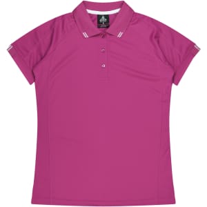 A pink polo shirt with short sleeves and a polo collar, featuring a logo on the collar.