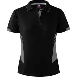 A black polo shirt with grey accents, featuring a collar and a logo on the front.