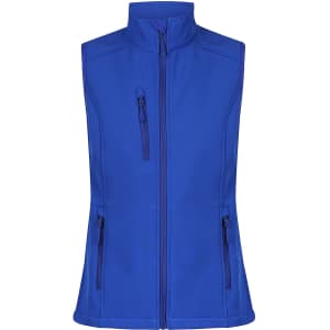 A blue work vest with a high collar and multiple zippered pockets, featuring a logo.