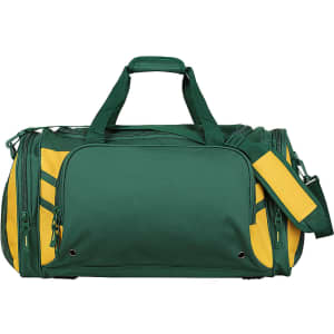 A green and yellow duffle bag with multiple zip compartments and a shoulder strap, featuring a logo.