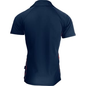 A navy blue polo shirt featuring side panels in contrasting colours and a logo on the back.