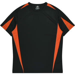 A black T-shirt with orange accent panels on the shoulders and sides. It features a label inside the collar.