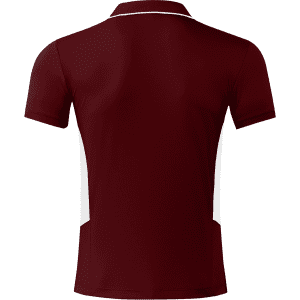 A maroon men's polo shirt featuring white side panels and a collar. The shirt has a logo on it.