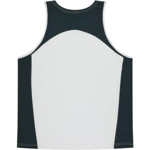 A singlet featuring a white front with dark green accents on the back, designed for kids. It includes a logo.
