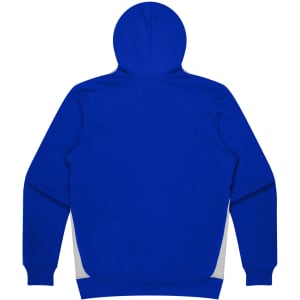 A blue hoodie featuring a hood and contrasting white accents on the sides, with a branding logo.