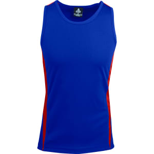 A blue singlet with red side panels, featuring a logo on the inside label.