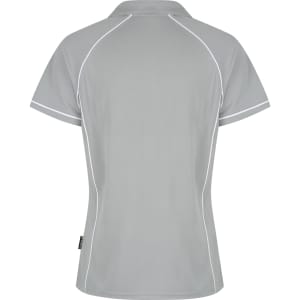 A grey polo shirt with white detailing and a logo on the side, featuring a classic collared design.
