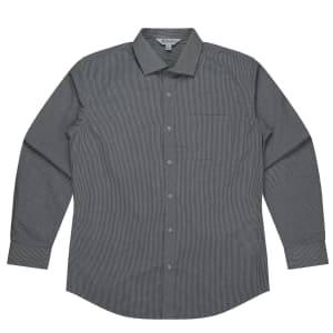 A long sleeve button-up shirt in a checkered pattern featuring shades of black and white, with a chest pocket.
