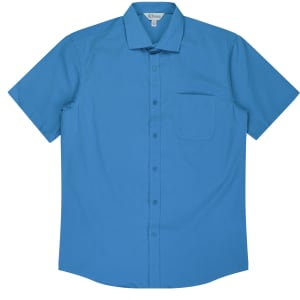 A short sleeve button-up shirt in bright blue, featuring a single chest pocket and a collar. It has a branding logo.