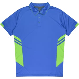 A blue polo shirt with green accents and a collar, featuring a logo on the chest.