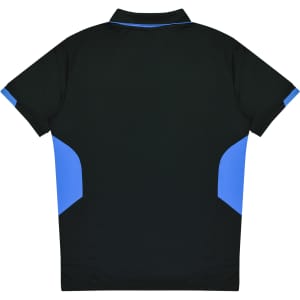 A black polo shirt with blue accents on the sides and a collar, featuring a logo on the front.