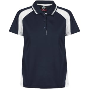 A navy blue polo shirt with white accents and a logo on the chest. Features a classic collar and button closure.