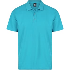 A turquoise polo shirt featuring a collar and three buttons, with a logo on the label.