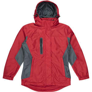 A red jacket with grey accents and a hood, featuring a zippered pocket on the front and a logo.