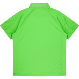 A vibrant green men's polo shirt with a smooth texture and a collar, featuring a logo on the back.