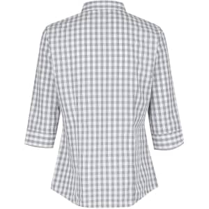 A 3/4 sleeve button-up shirt in a grey and white checkered pattern, featuring a collar and a logo.