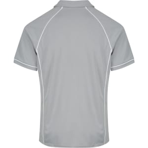 A grey polo shirt with contrasting white piping and a logo on the back.