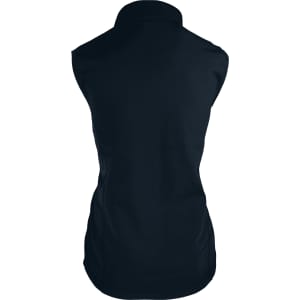 A sleeveless women's vest in navy blue with a fitted design and a collar, featuring a logo.
