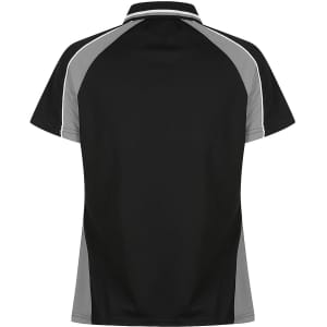 A black polo shirt with grey accents, featuring a classic collar and a logo on the chest area.
