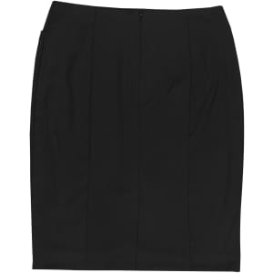 A black knee-length skirt with vertical seams and a discreet zipper at the back. It features a subtle branding logo.