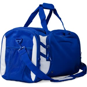 A blue duffle bag with white accents, featuring zippered pockets and adjustable straps. It has a logo.