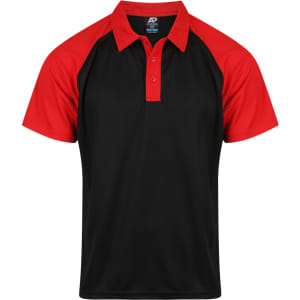 A black polo shirt with red raglan sleeves and a brand logo on the left side.