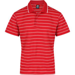 A red polo shirt with white horizontal stripes and a collar. The shirt features a logo on the front.