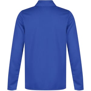 A blue long-sleeved polo shirt featuring a collar and a smooth texture. It has a logo on the front.