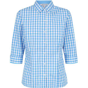 A button-up shirt featuring a blue and white gingham pattern with three-quarter sleeves and a collar. It has a logo.