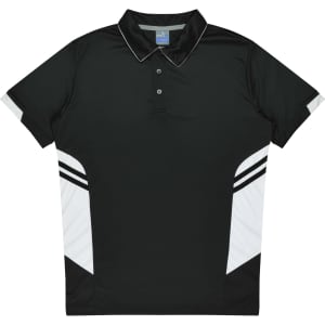 A black polo shirt featuring white accents and a logo. Designed for kids, with a collared neck and button placket.