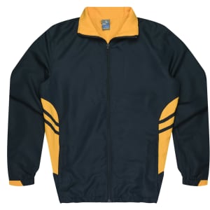 A dark green tracktop with a yellow collar and side stripes, featuring a zip closure and elastic cuffs.