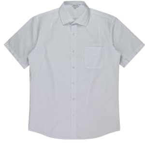 A short sleeve button-up shirt in white with a single chest pocket and a logo on the label.