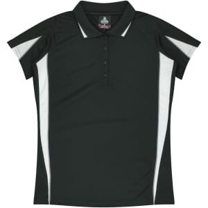 A black polo shirt with white stripes on the shoulders and sides, featuring a collar and buttons.