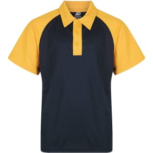 A navy and yellow polo shirt with a collar and short sleeves, featuring a logo on the chest.
